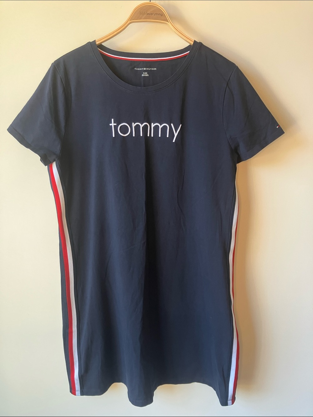 TOMMY HILFIGER Navy T-Shirt Dress Red & White Side Stripes Short Sleeves Size XL